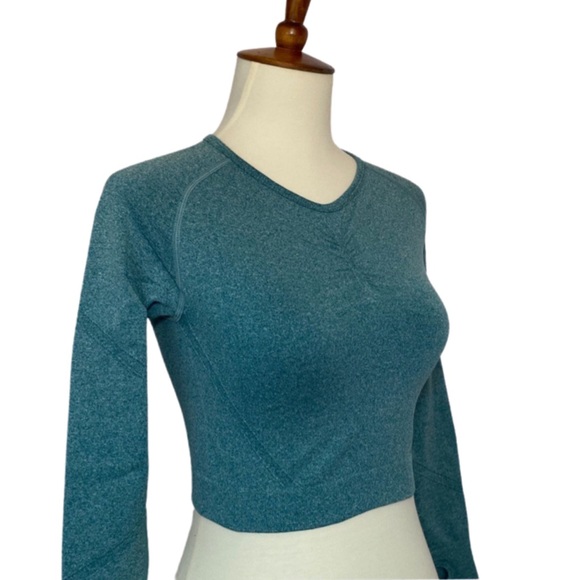 Teal Bluish Green Long Sleeve Yoga Sport Crop Top - Picture 11 of 16
